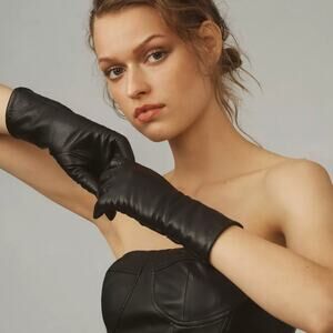Anthropologie Maeve Mid-Length Faux Leather Texting Gloves Black